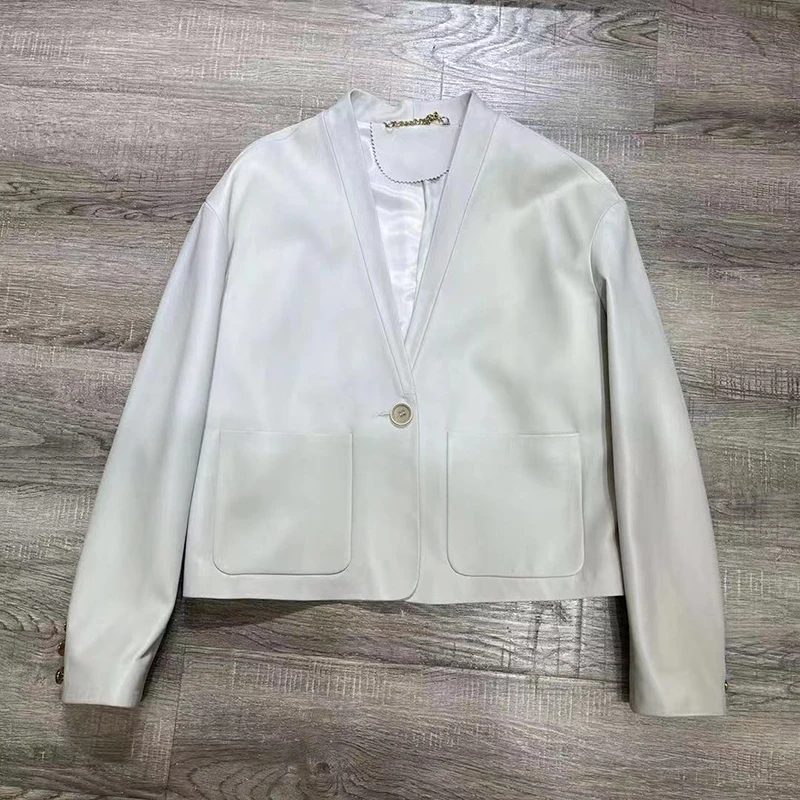 Chaqueta De cuero De piel De oveja auténtica para mujer, gabardina fina a la moda, chaqueta De cuero para mujer, pantalones cortos De tendencia vintage