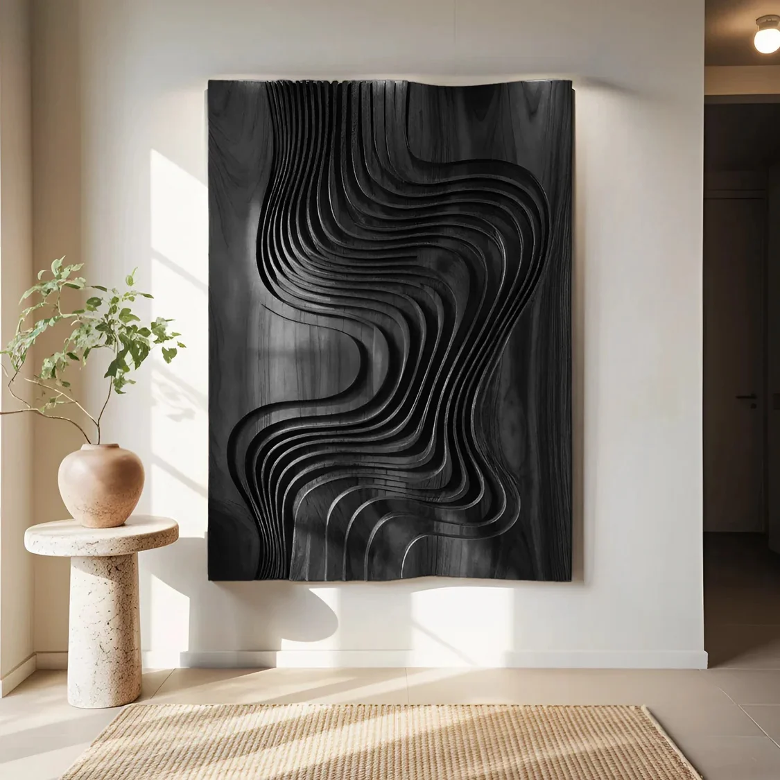 

！@Wabi-Sabi Black Fluid Grain Wood Wall Hanging-Sculpted Dark Decor for Chic Living Room Walls