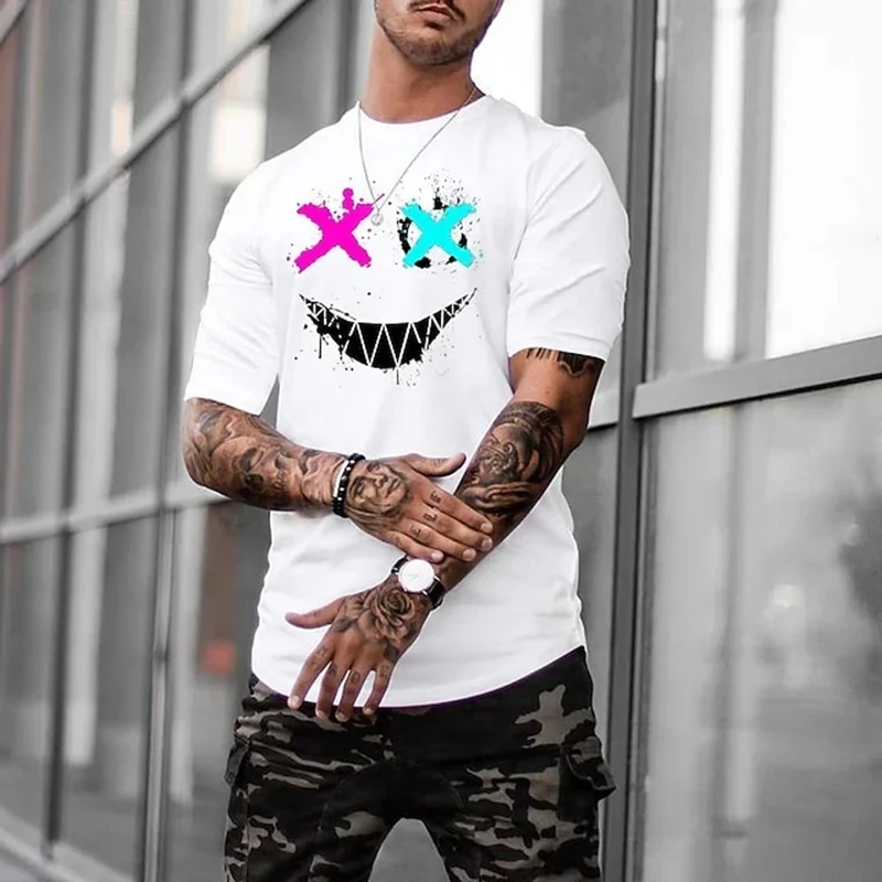 Summer Men's Fashion Graphic Smiley Print Casual Short Sleeve Round Neck Top