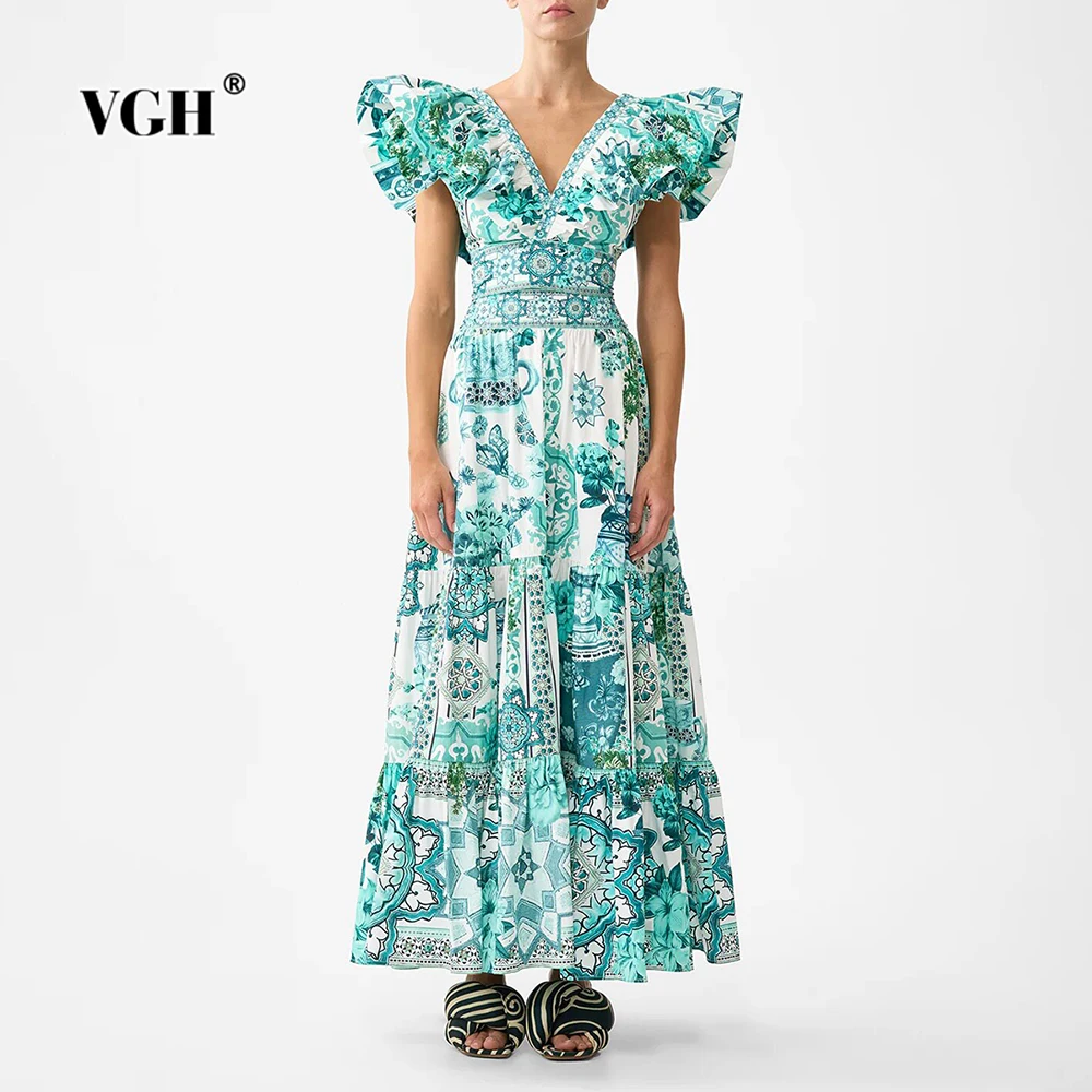 

VGH Boho Print Dress Suit for Women V Neck Ruffle Sleeves Crop Top High Waist Tiered Midi Skirt Two Piece Set for Beach Vacation
