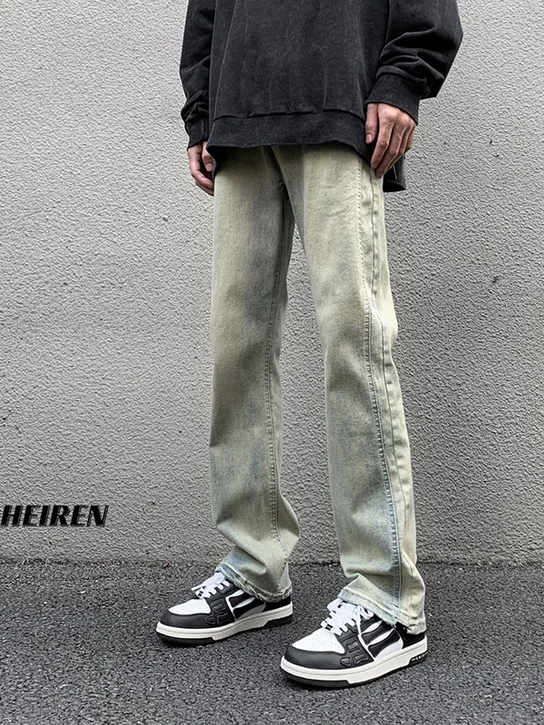 กางเกงยีนส์ผู้ชายสไตล์เรโทรอเมริกัน ทรงสลิมฟิต สีเหลืองเคลือบดิน ย้อมสีแบบไมโครเฟลร์ ทรงตรงขายาว