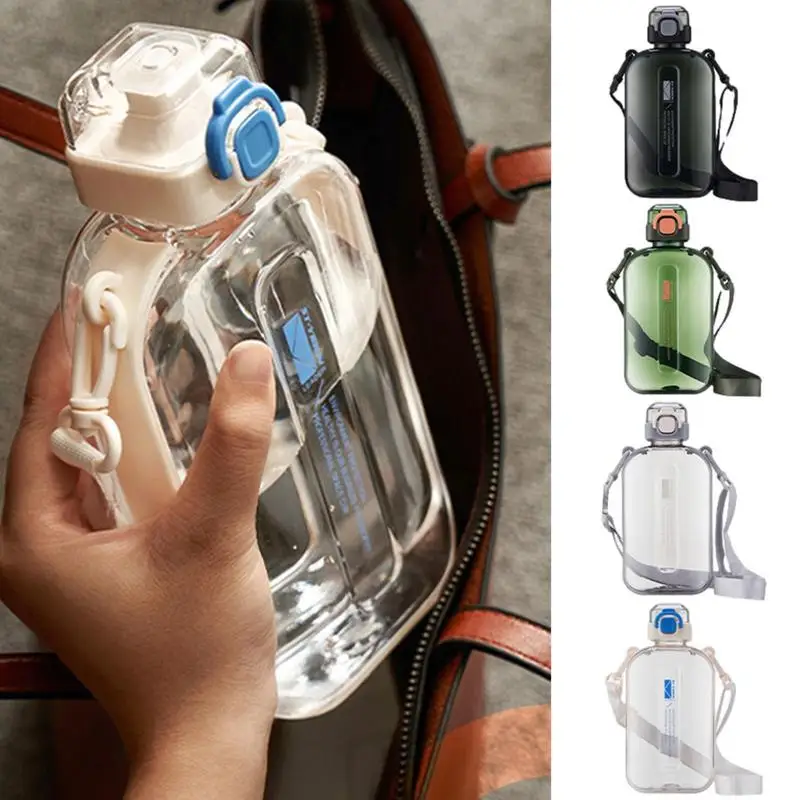 NEW 750ml Flat Square Sports Water Bottle Transparent Travel Cup Kettle Portable Outdoor Drinking Bottle With Adjustable Strap