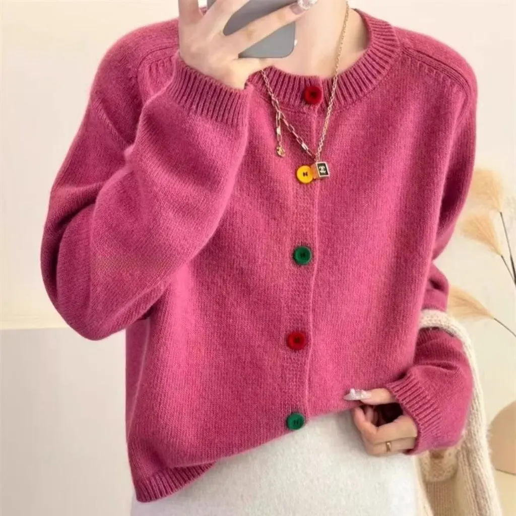 

Women's Korean Style Simple Design Color Buckle round Neck Knitted Top Loose Casual Western Style Coat
