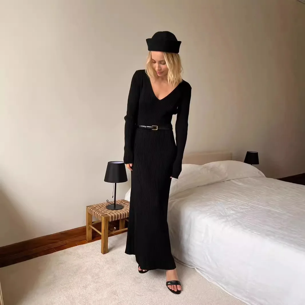 Women's New Solid Color Long Sleeve V-neck Slim Bodycon Knitted Maxi Dress Trendy Elegant Fashion Dresses