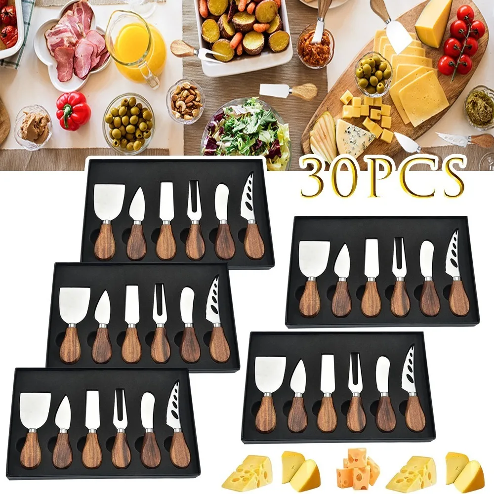 

30pcs Premium Cheese Knife Set Stainless Steel Blades with Teak Wood Handles Elegant Kitchen Dining Knives