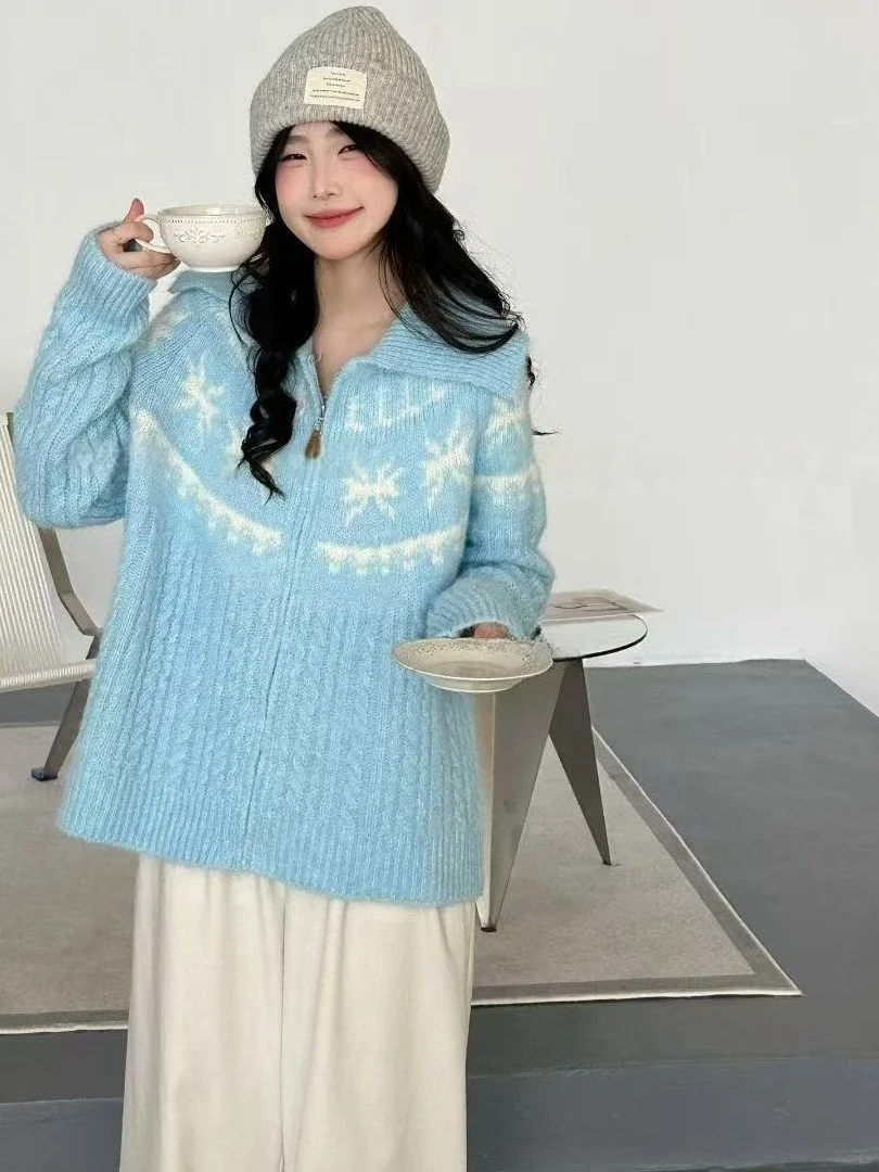 Pull tricoté rétro Fair Isle pour femmes, coréen, col large, fil torsadé, moelleux, doux, haut tricoté, tendance