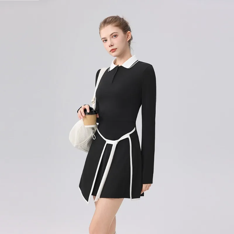 

Women Slim Fit Sport Tennis Dresses Breathable Sportwear Yoga Golf Fitness Polo Neck Long-sleeve Mini Dress with Built-in Shorts