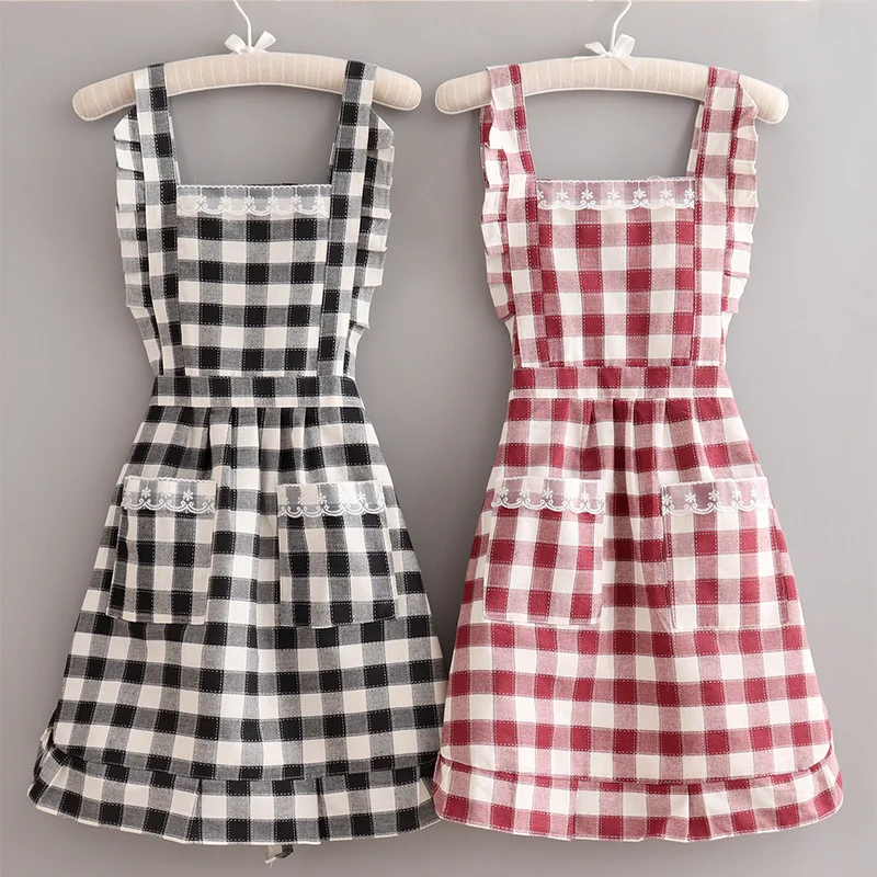 Fashion Breathable Waist Cute Plaid Home Apron Ladies Thin Princess Skirt Japanese Kitchen Work Clothes