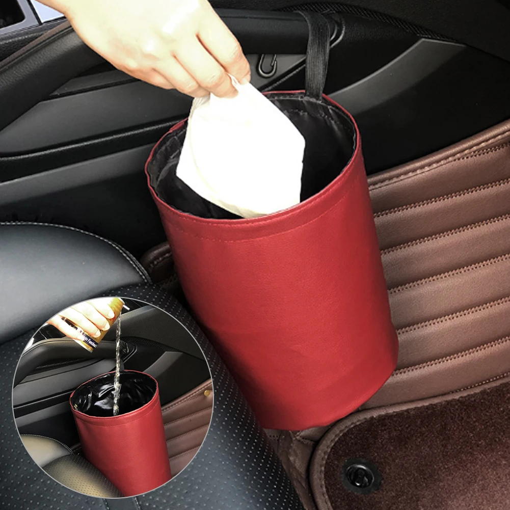 Universal Car Trash Can Collapsible Double-Layer Leather Garage Bag Center Console Storage Bag Leak-proof Waterproof Organizer