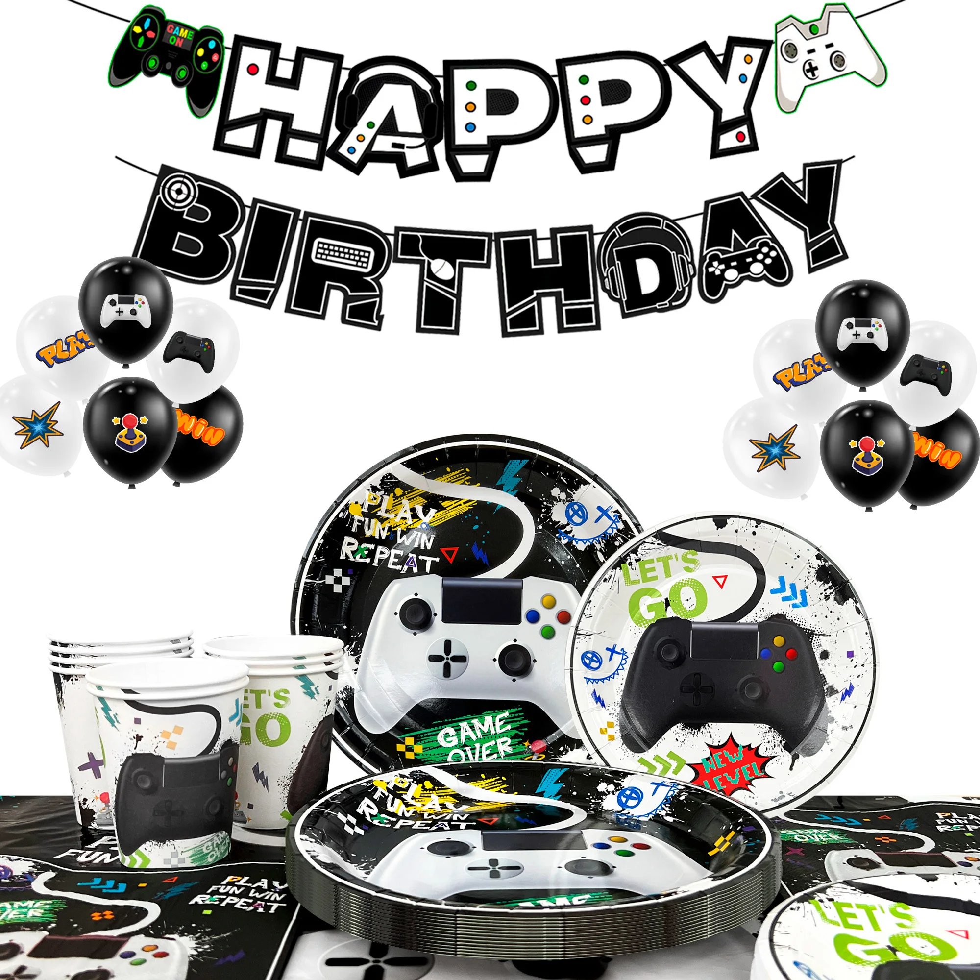 Set da 78 pezzi di decorazioni e articoli per la tavola a tema gaming, ideale per feste a tema gaming: piatti, bicchieri, tovaglioli, tovaglia e palloncini a tema gaming, striscione e altri articoli