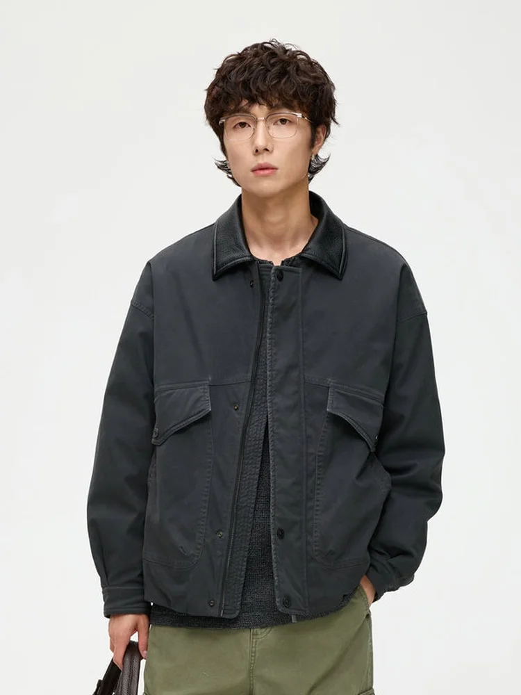 

Ретро Barn Sle Du down Jaet с кожаным воротником, свободная теплая мужская зимняя рабочая одежда на молнии, уличная повседневная одежда