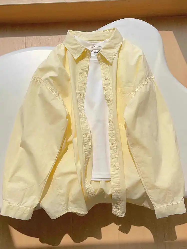 

Summer Cotton Yellow Shirt New Women's Thin Long Sleeve Loose Coat Korean Versatile Turn Down Collar Sunscreen Top ﻿