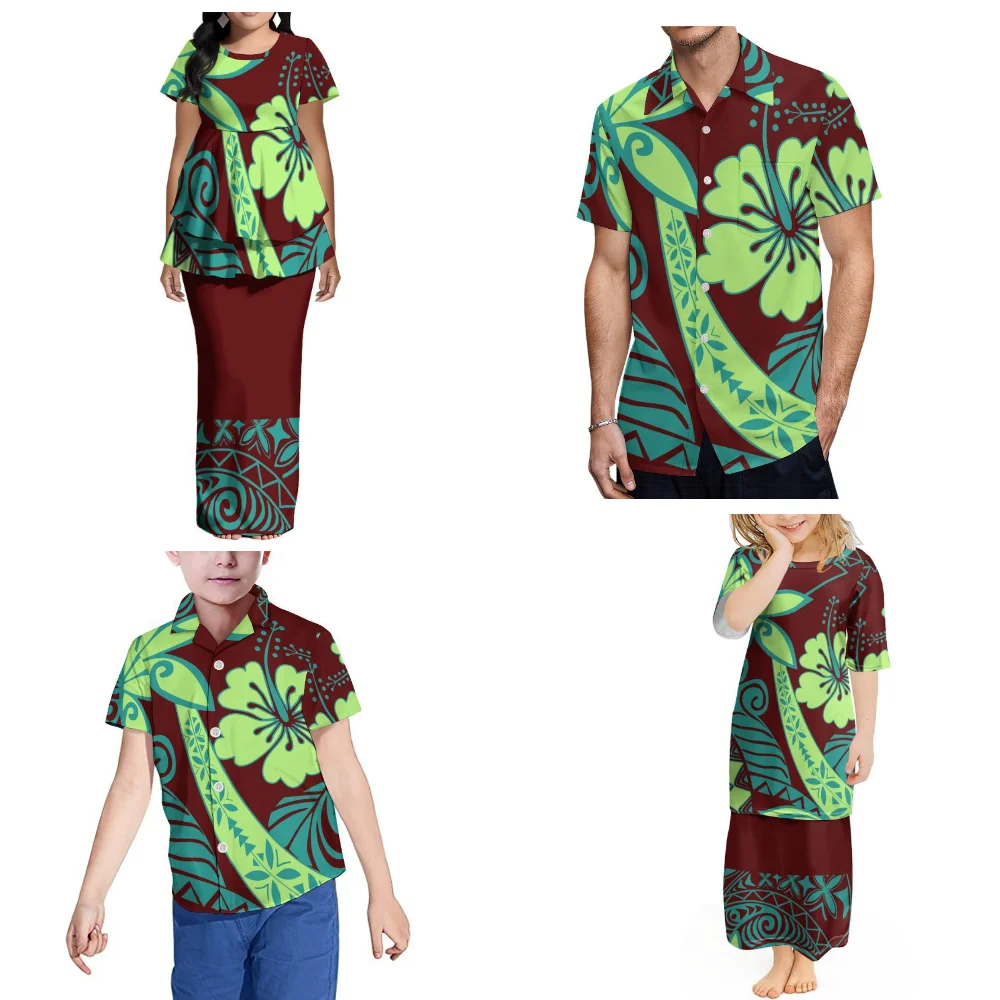 Puletasi المرأة فستان بتصميم بدلة رقبة مستديرة Cinched الخصر طبقة مزدوجة هيم البولينيزية 4 قطعة قميص رجالي مخصص لملابس الأسرة