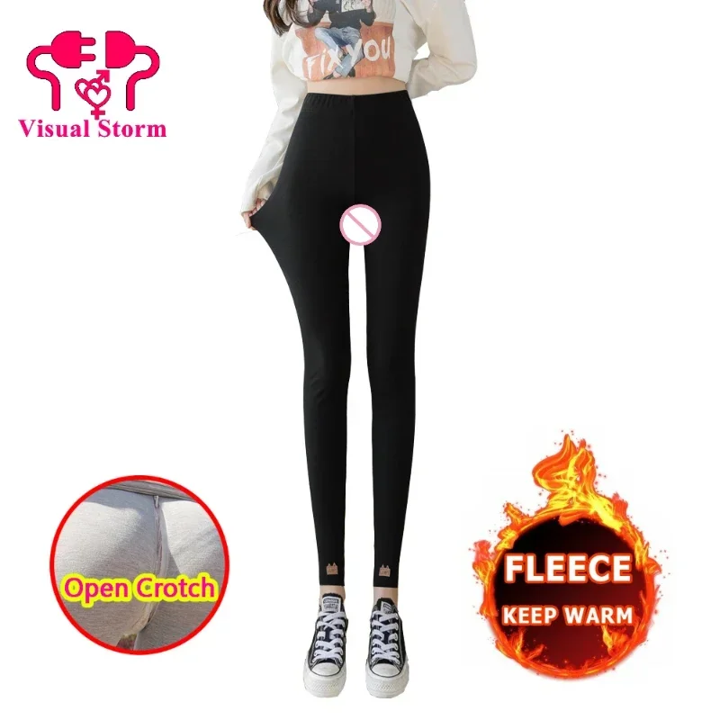 Winter Fleece Add Open Crotch Hot Pants Women Thick Sexy Gym Leggings Warm Keep Sport Push Up Crotchless Clubwear Clothing