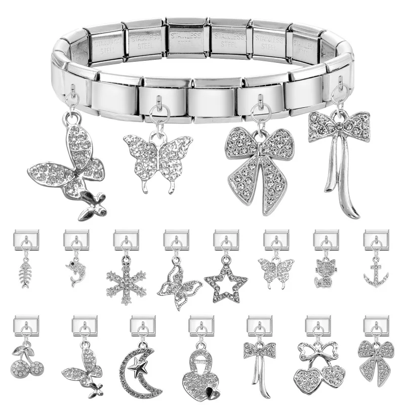 New Women Glitter Butterfly Cherry Bow Knot Moon Pendant Italian Charm Link Fit 9mm Stainless Steel Bracelet DIY Making Gift
