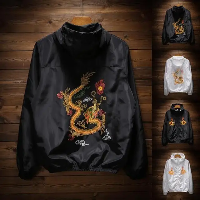 

Тонкая куртка с капюшоном и принтом дракона, мужская японская стильная одежда для защиты от солнца, модная мужская одежда