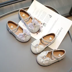 Pearl Diamond Bow scarpe in pelle per bambini Beige/argento, primavera e autunno Outdoor PU scarpe in pelle per bambini Zapatillas Mujer