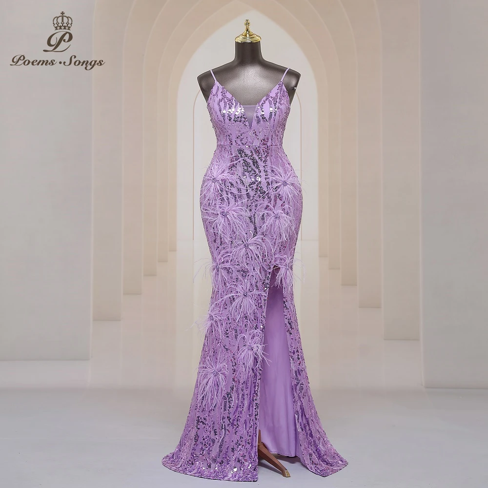 

Purple Mermaid Sexy Split Luxury Beaded Feather Evening Dresses Prom Gowns For Woman Wedding Party Maxi dress Bridesmaid dress