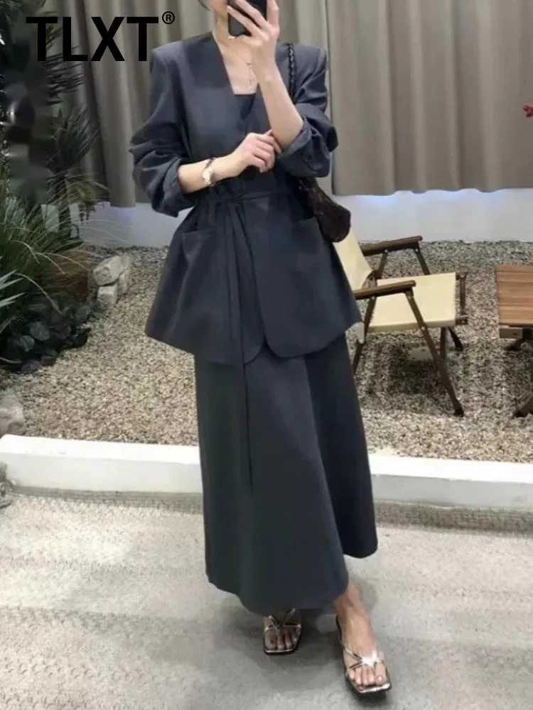 TLXT Casual Solid Color 2 Piece Set Women's V Neck Lace Up Tops A Line Loose Dress 2025 Summer New Clothing XK1410