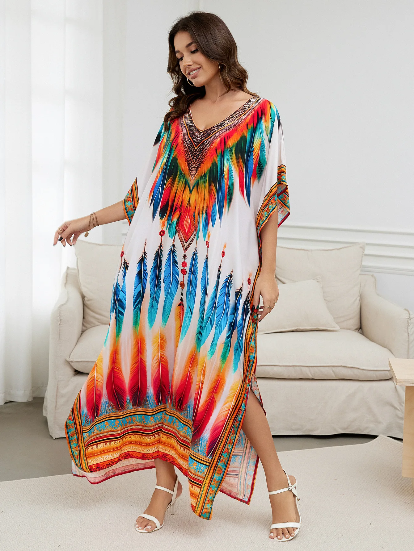 

Colorful Feather Printed Kaftans for Women Beach Cover Up Summer Maxi Bohemian Dresses Bathing Suits Factory Supply Dropshipping