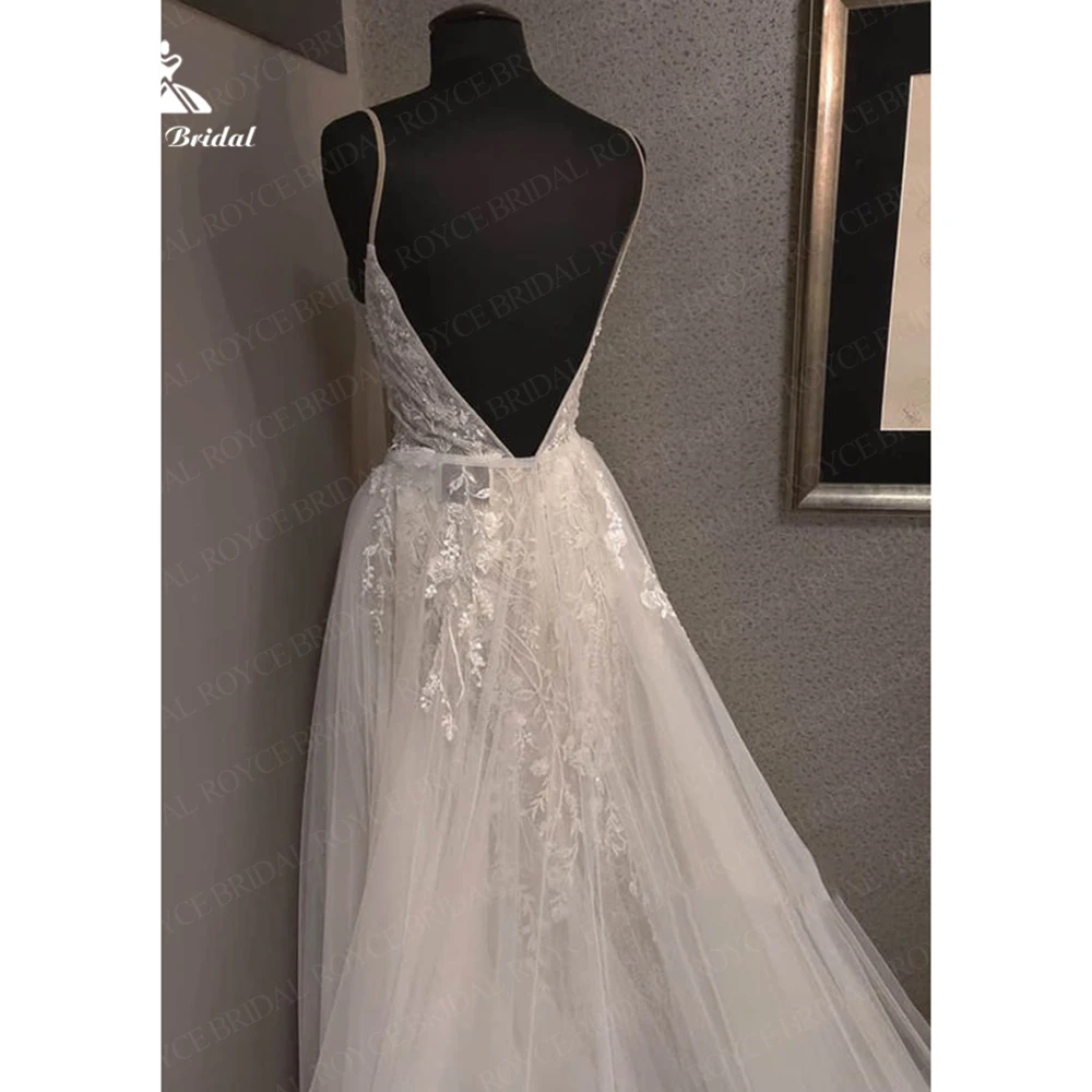 Vestidos de novia bohemios de encaje con cuentas de lujo, vestidos de novia con cuello en V, tirantes finos, Vestido Floral Blanco, vestidos de novia con botones en la espalda