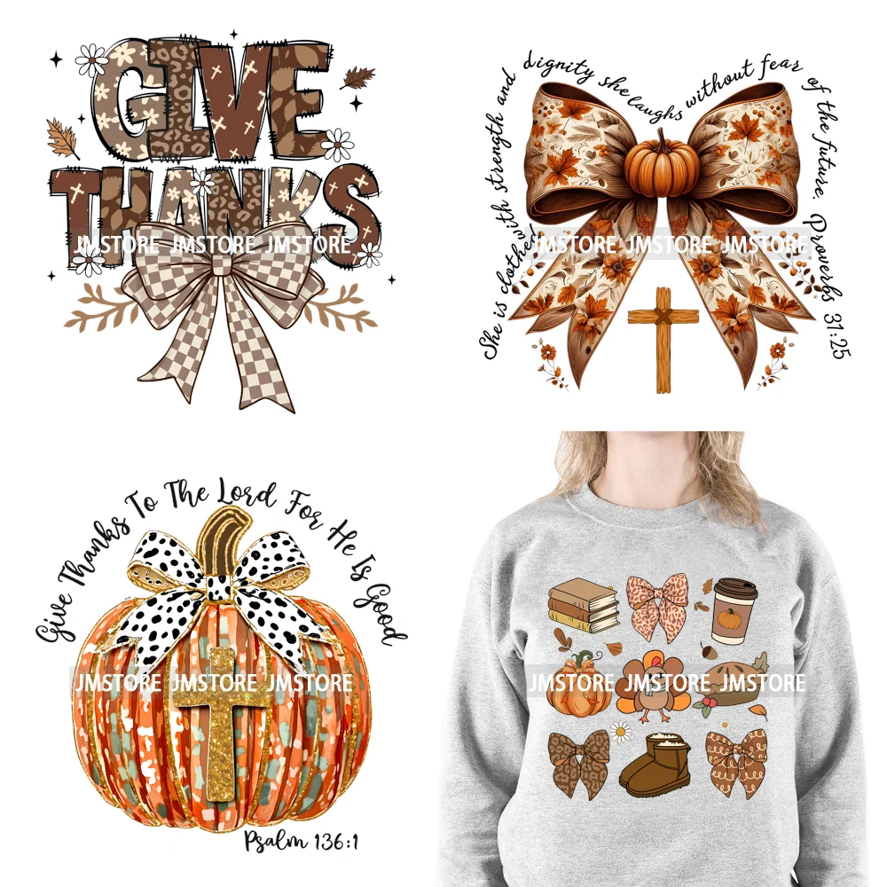 

Thanksgiving Coquette Bow Pumpkin Cute Turkey Quotes Give Thanks Jesus Iron On DTF Transfers Stickers Ready To Press For Shirts