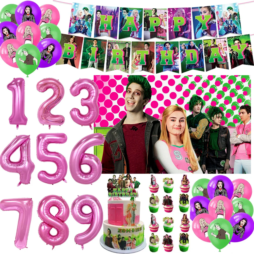

Disney Zombie High School Theme Birthday Party Decorations Number Balloon Backdrop Banner Cake Topper Baby Shower Props Kid Gift