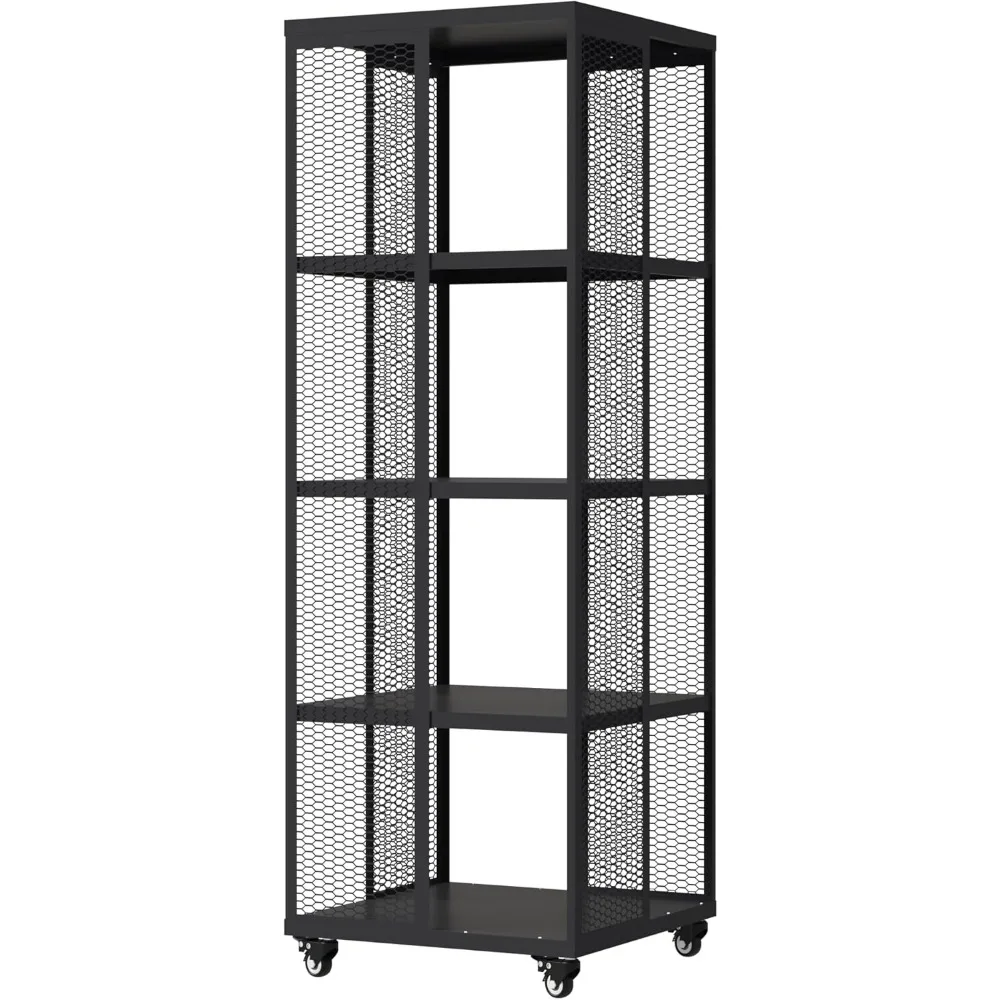 خزانة كتب دوارة معدنية بيضاء مكونة من 4 طبقات للمساحات الصغيرة مع حلول تخزين وأرفف إبداعية متعددة الطبقات