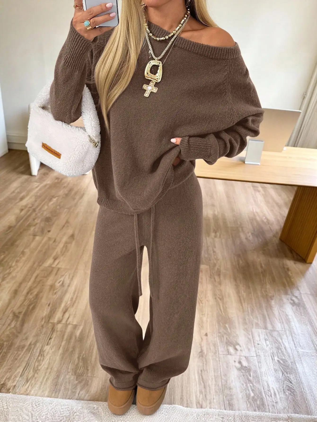

Women's Casual Solid Brown Off-Shoulder Loose Knit Sweater And Pants Two Piece Set