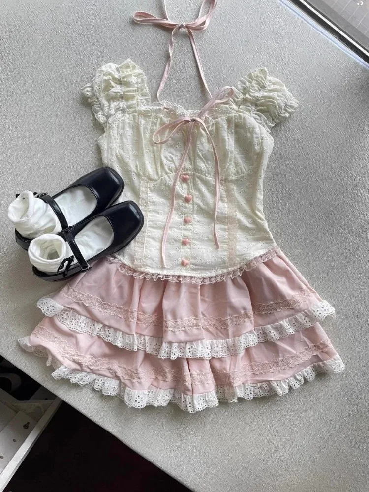 

Summer Sweet Slash Neck Slim 2-piece Set Women Fashion Cute Off Shoulder Lace Up Tops Pretty Chic Lovely Lace Short Skirt New