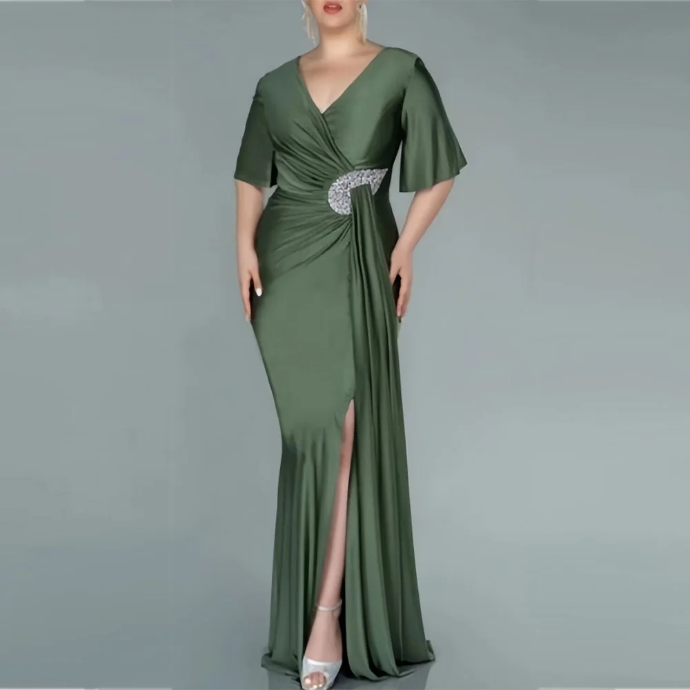 

Mother of the Bride Dresses for Weddings 2023 Mermaid V-neck Wedding Guest Gowns with Crystal Pleats Ruching Wedding Party Dress