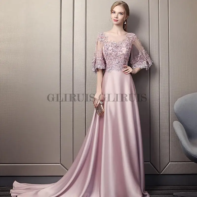 

Dusty Pink Mother of the Bride Dresses Half Sleeves Satin Lace Beading A-Line Wedding Mother Evening Gown With Train 2022