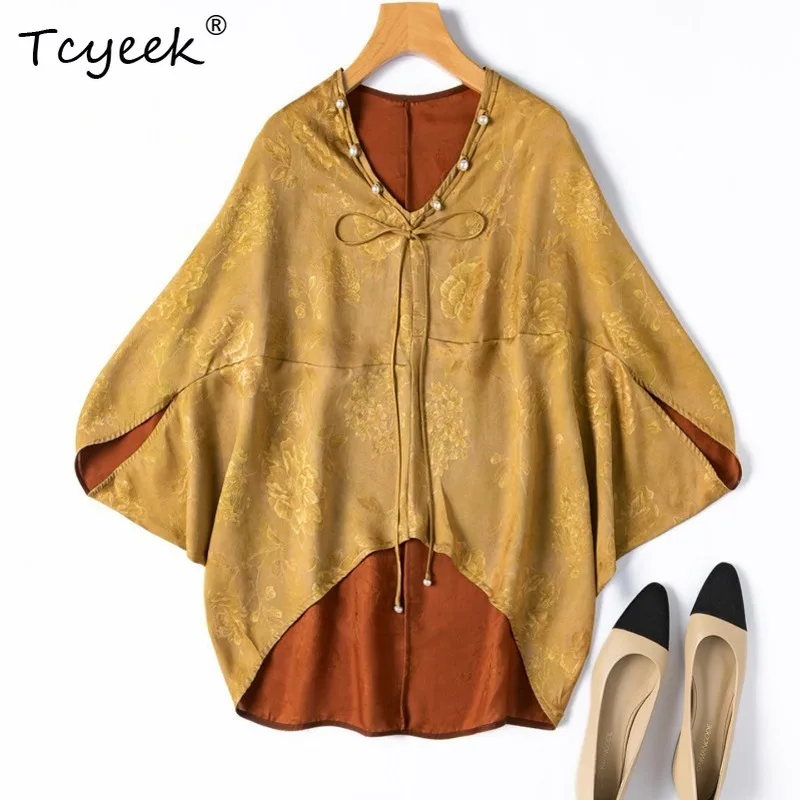 

Tcyeek 100% Real Silk Womens Tops 2026 Spring Summer Exquisite Unique Lace-up Half-sleeved Blouses Woman Clothing Chemise Femme