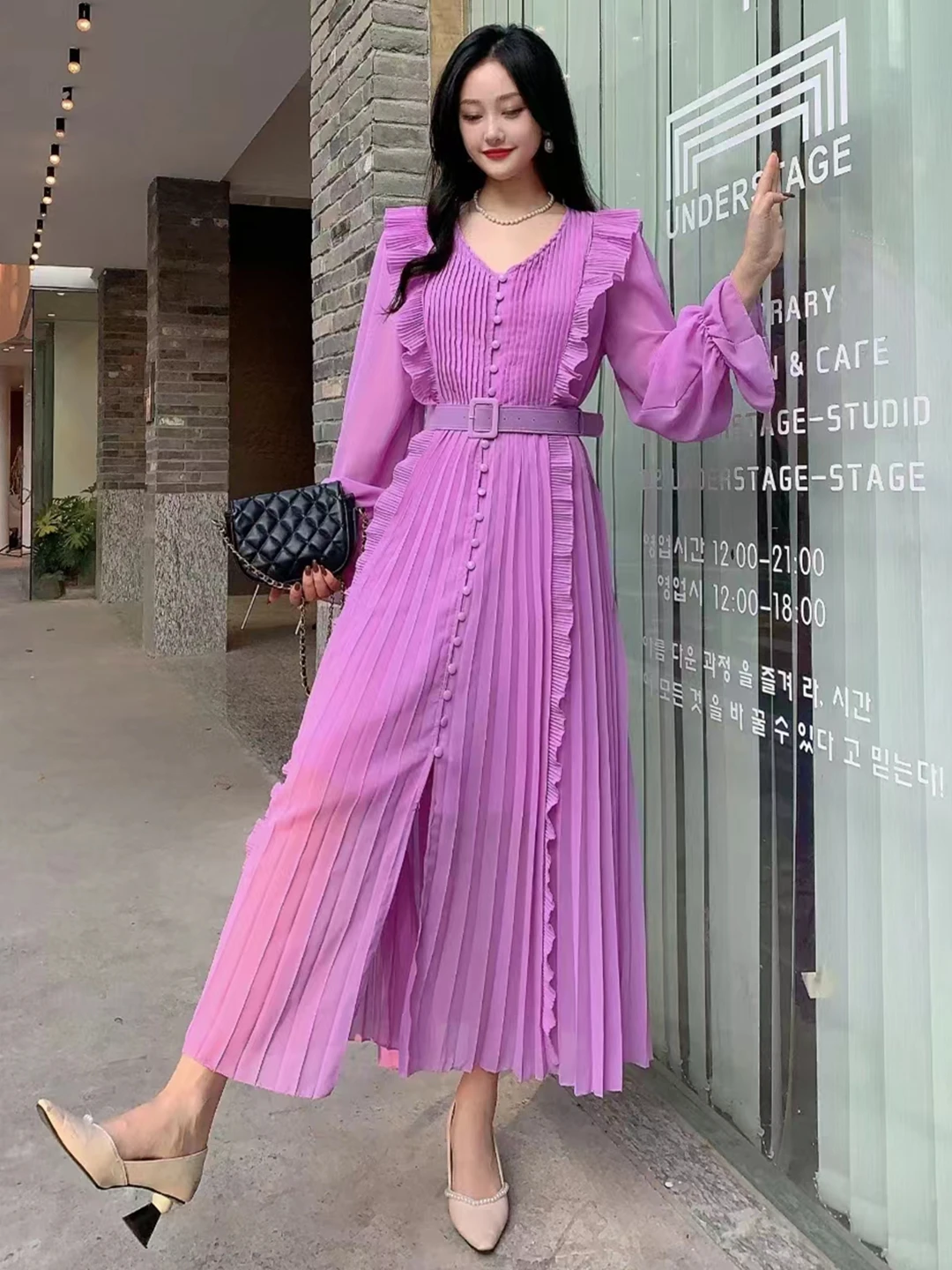 2024 New Spring Autumn Women V-Neck Long Sleeve Belt Slim Long Dress High Quality Sweet Ruffles Patchwork Pleated Chiffon Dress