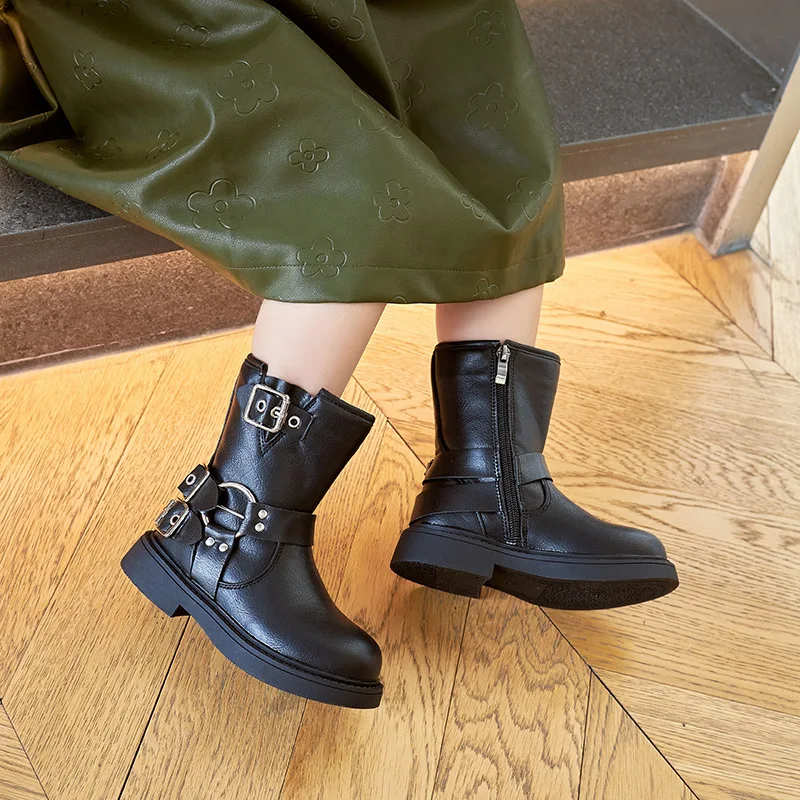 

Autumn Boys and Girls Children Chelsea Boots Buckle Classic Buckle Britain Style Retro Kids Short Boots