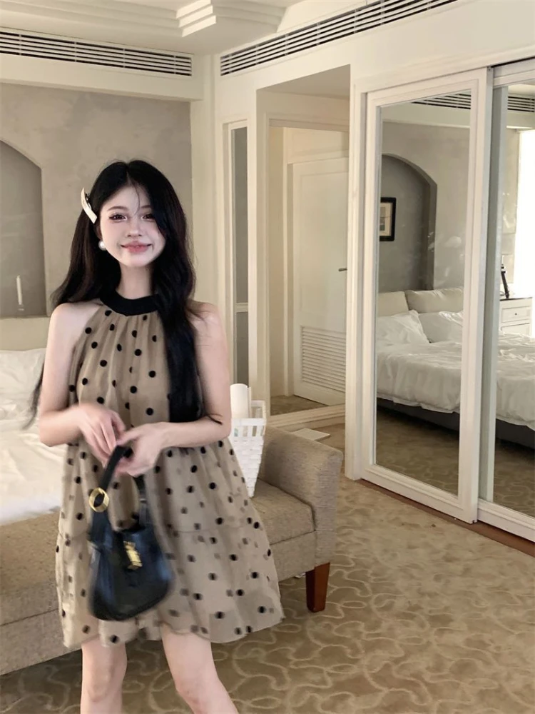 2025 جديد ربطة القوس فيونكة الرسن البولكا نقطة فستان المرأة الصيف مزاجه فضفاض ألف خط فساتين صغيرة الحلو فساتين الحفلات عادية #5