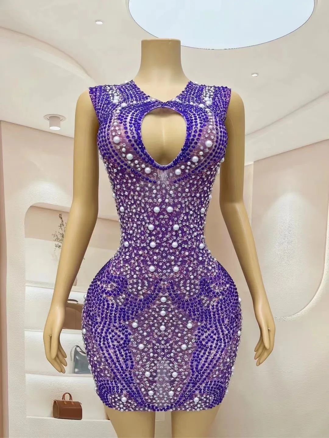 

Purple Crystal Diamonds Sleeveless Hole Design Birthday Dress Party Evening Celebrity Prom Gowns Women Luxury 2024 New Arrival