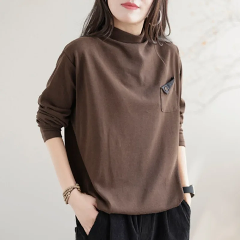 2022 Autumn New Arts Style Women Long Sleeve Loose Turtleneck T-shirt Single Pocket Design Casual Tee Shirt Femme Tops C628