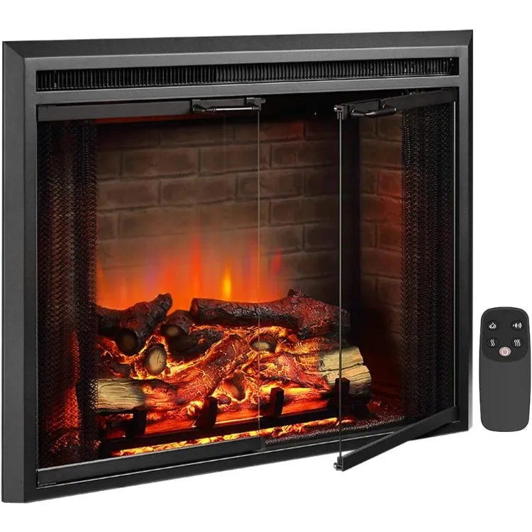 Klaus Electric Fireplace Insert พร้อมเสียงแตก ประตูกระจกและหน้าจอตาข่าย 750/1500W สีดํา กว้าง 33 1/16 นิ้ว