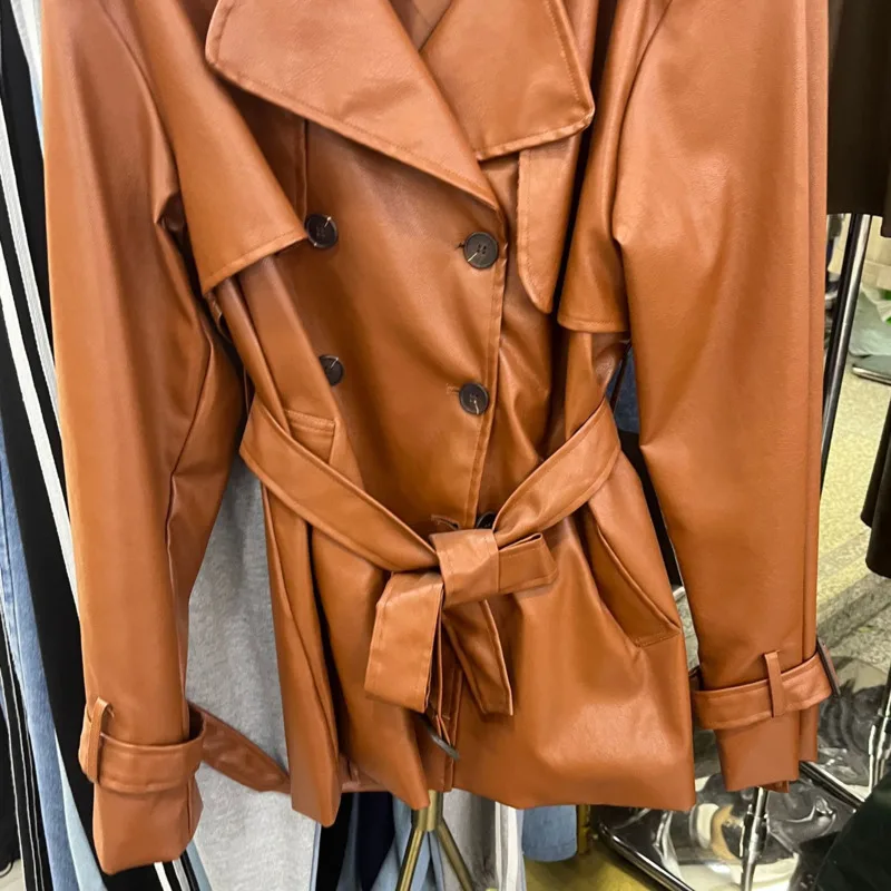 MooQ-Manteau en cuir PU marron à manches longues pour femme, veste à double boutonnage, design à lacets, tempérament, automne, hiver, nouveau, 16O2096, 2024