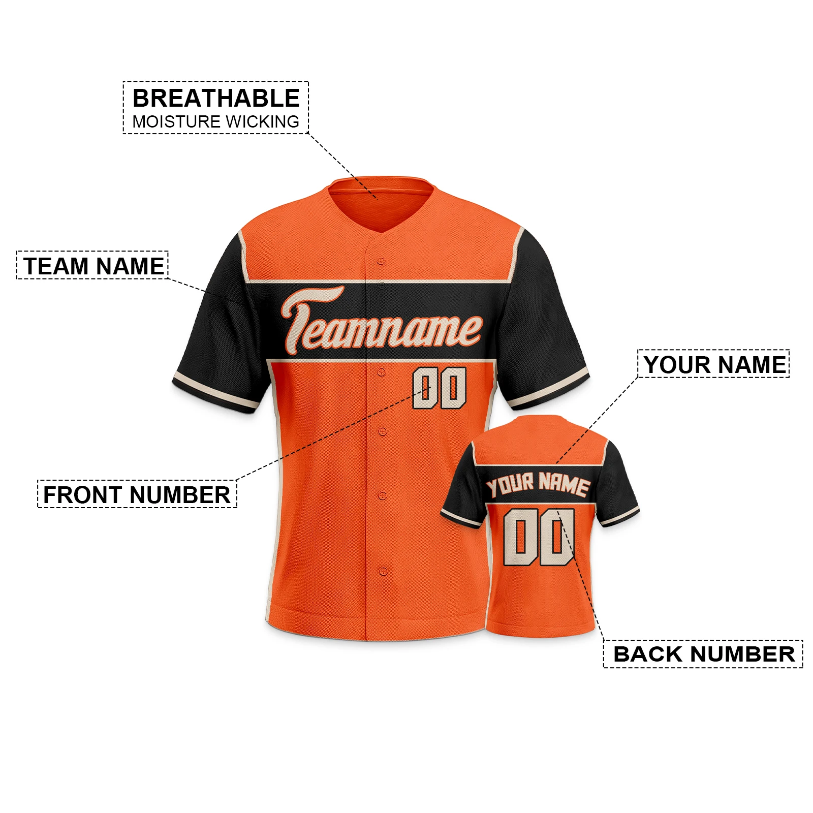Custom Baseball Jersey Orange Black Personalized Baseball Shirt Print Name Number Uniforms Men Women Youth Kids Breathable Tops