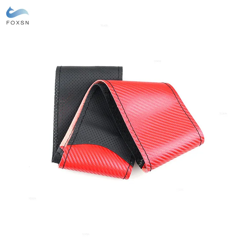 Universal 38CM Red Carbon Fiber + Black Perforated Leather Splice Car Inner Steering Wheel Hand Braid Cover Interior Accessories