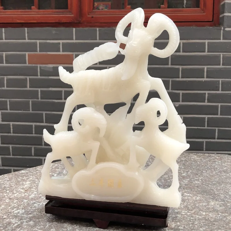 Natural Afghan Jade Three-Deer Ornament White marble zodiac sheep display stand Lamb Ornament Craft Decoration