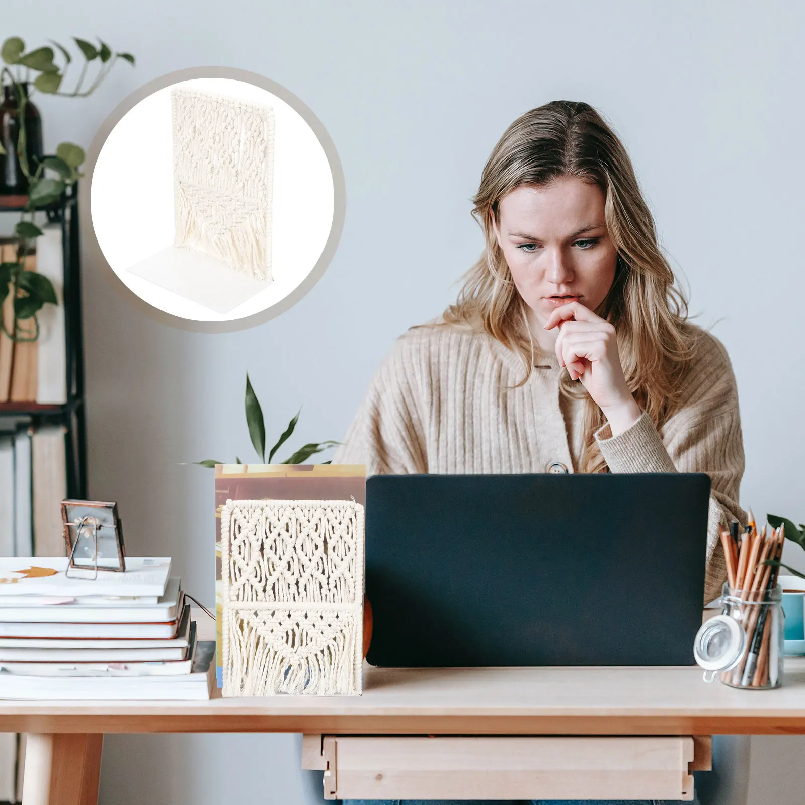 Book Holder Desk Organizer Bookend Bookshelf Stand Bracket Cotton Rope Tabletop