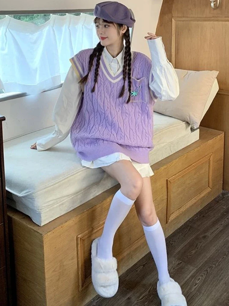 Purple Sweater Vests Women All-match Loose Sweet Spring Korean Preppy Style Knitted V-neck College Chic Casual Ulzzang Fashion