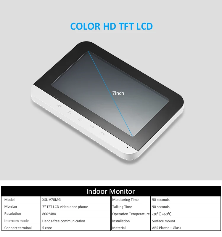 Wired Video Intercom System 7 Inch Wired Doorbell Indoor Monitor with IR-Cut Rainproof Outdoor Camera Visual Two-Way Intercom Au