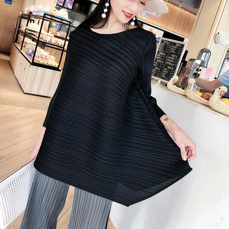 ALSEY Miyake Pleated Loose Casual Long Sleeve T-shirt for Women Spring Summer New Korean Simple Fashion Tops Aesthetic Clothes