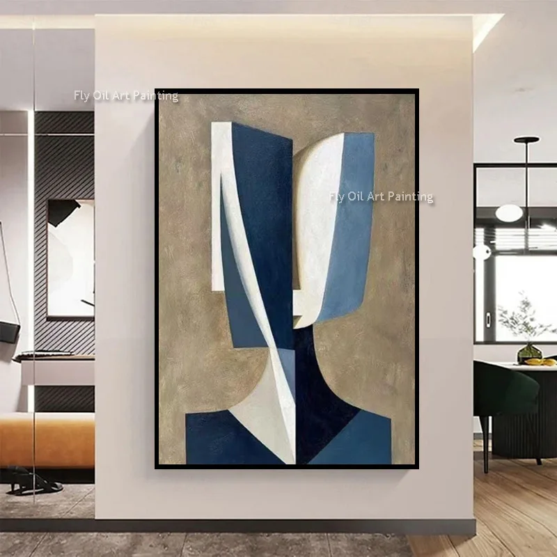 Blue Beige Abstract Geometric Shapes Artwork Handmade New Fasional Wall Art Decor For Bedroom Brown Beige Oil Painting As Gift