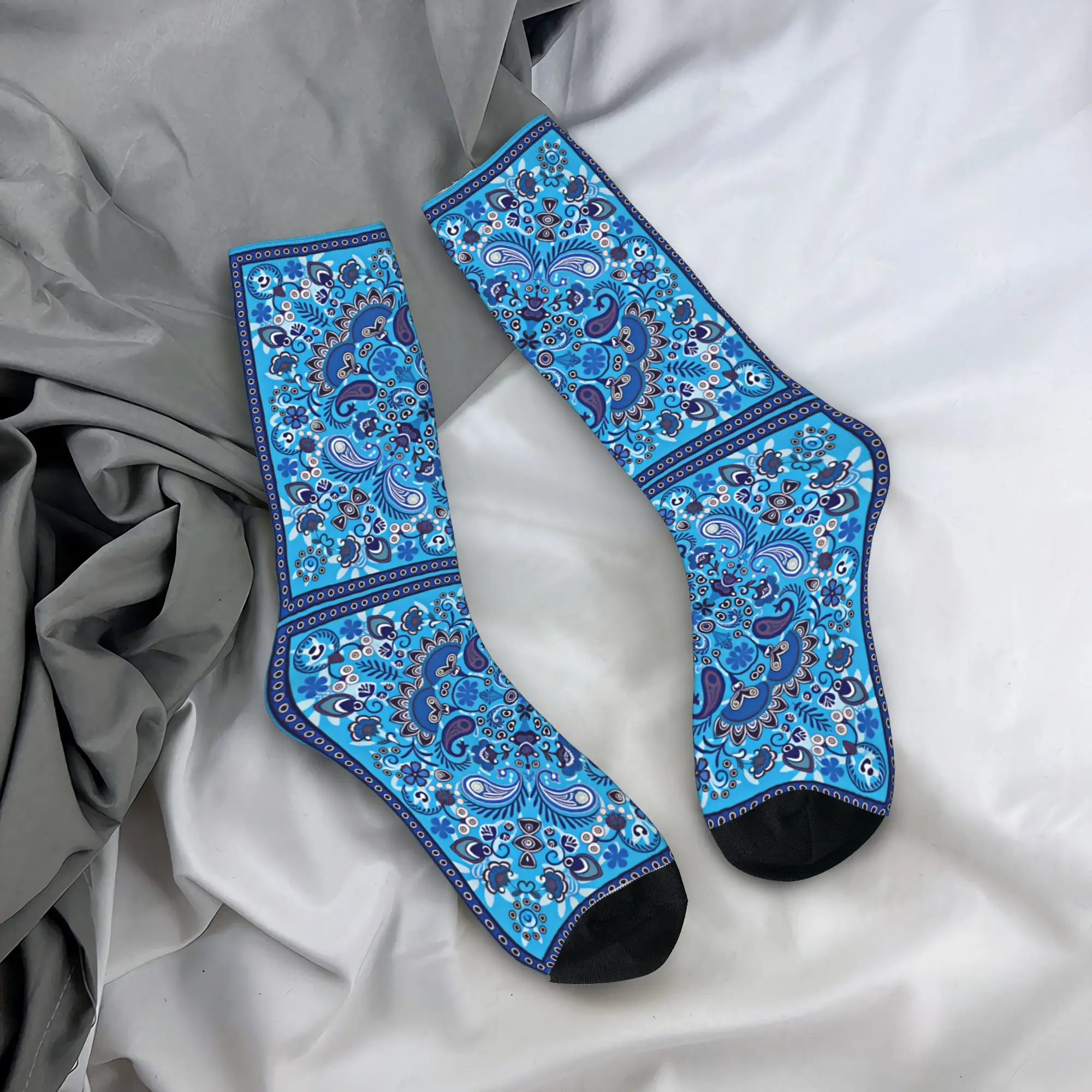Light Blue Bohemian Paisley Floral Socks  Printed Stockings Anti-Slip Unisex Men Socks Quality Winter Fashion Outdoor Socks