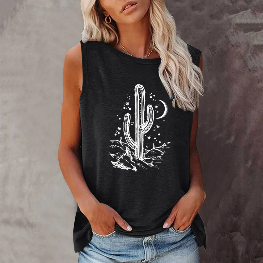 Seeyoushy Cactus Print 2023 New Fashion Vintage Print T-shirt Loose O Neck Sleeveless Womens T-shirt Harajuku 90s Camisetas Tops